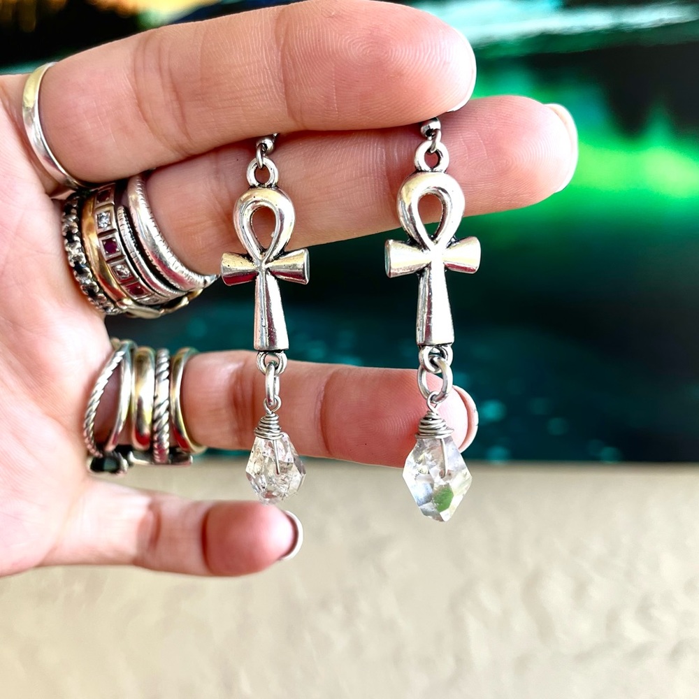 Herkimer diamonds anhks egyptian crosses earrings stainless steel post crystals - Picture 11 of 12